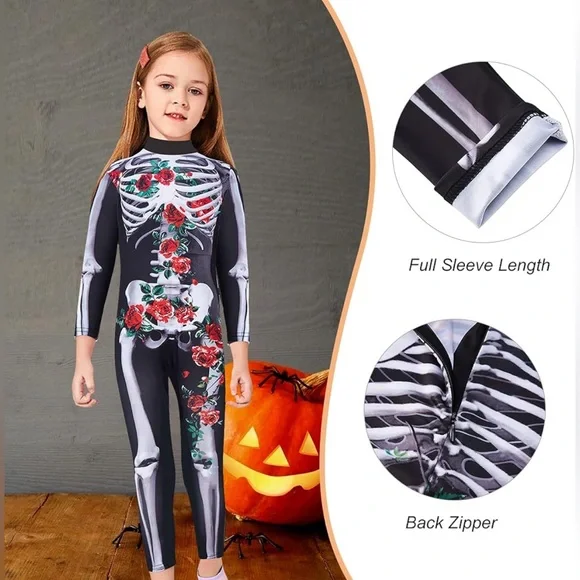 Boys Girls Halloween Jumpsuit Bodysuit 3D Graphic Skull Skeleton kids 9-12 yrs - Picture 4 of 13